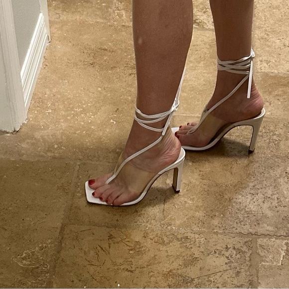Zara White Heeled Leather Lace-Up Sandals Size 6.5 - Picture 5 of 10
